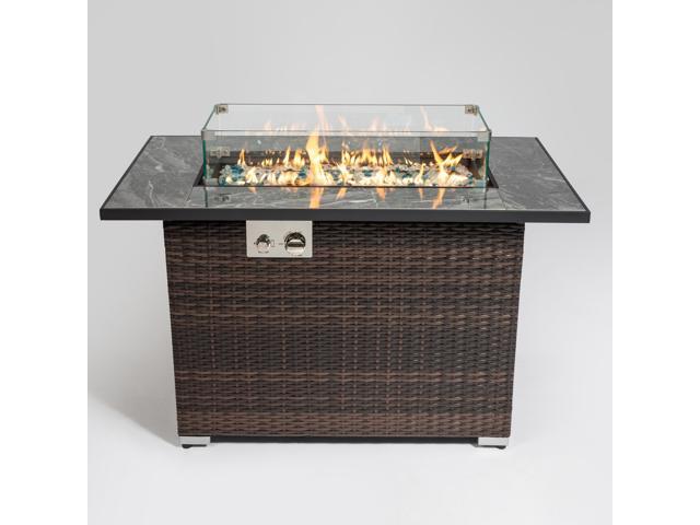 44' Propane Gas Fire Pit Table, 50000 BTU Rectangular Fire Pit, Tile Tabletop with Beautiful Wicker Base for Outside Patio Deck Garden Courtyard-Brown