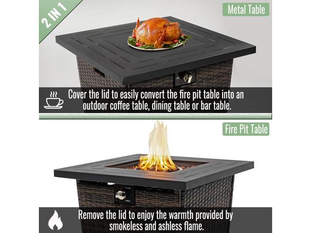 28' Propane Gas Fire Pit Table, 50000 BTU Square Steel Fire Pit with Beautiful Wicker Base for Outside Patio Deck Garden Backyard-Black