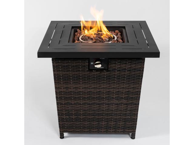 28' Propane Gas Fire Pit Table, 50000 BTU Square Steel Fire Pit with Beautiful Wicker Base for Outside Patio Deck Garden Backyard-Black