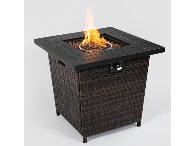 28' Propane Gas Fire Pit Table, 50000 BTU Square Steel Fire Pit with Beautiful Wicker Base for Outside Patio Deck Garden Backyard-Black