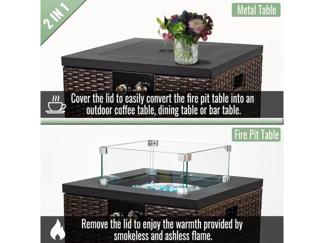 22' Propane Gas Fire Pit Table, 50000 BTU Square Steel Fire Pit with Beautiful Wicker Base for Outside Patio Deck Garden Backyard-Black
