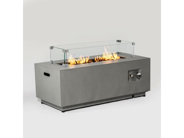 42' Propane Gas Fire Pit Table 2-Pieces, 50000 BTU Rectangular Steel Fire Pit with Glass Wind Guard for Outside Patio Deck Garden Courtyard -Gray