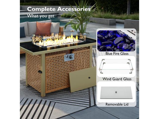 K & K 43' Propane Gas Fire Pit Table, 60000 BTU Rectangular Open Weave Wicker Fire Pit with Glass Wind Guard for Outside Patio Deck Garden Backyard -...