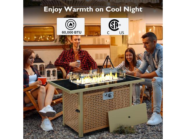 K & K 43' Propane Gas Fire Pit Table, 60000 BTU Rectangular Open Weave Wicker Fire Pit with Glass Wind Guard for Outside Patio Deck Garden Backyard -...