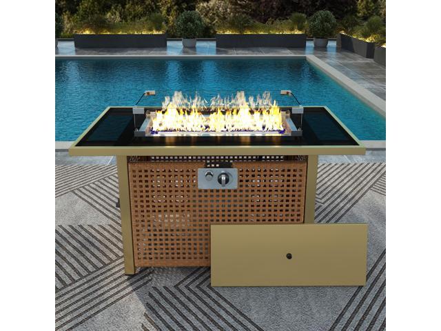 K & K 43' Propane Gas Fire Pit Table, 60000 BTU Rectangular Open Weave Wicker Fire Pit with Glass Wind Guard for Outside Patio Deck Garden Backyard -...