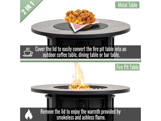 30' Propane Gas Fire Pit Table, 50000 BTU Round Steel Fire Pit with Wood Grain Ceramic Tabletop for Outside Patio Deck Garden Backyard- Black
