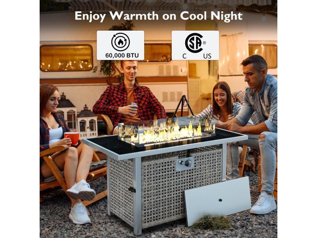 K & K 43' Propane Gas Fire Pit Table, 60000 BTU Rectangular Open Weave Wicker Fire Pit with Glass Wind Guard for Outside Patio Deck Garden Backyard -...