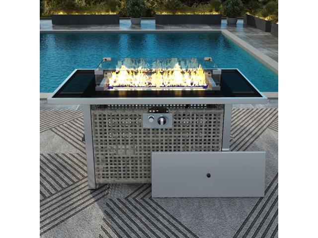 K & K 43' Propane Gas Fire Pit Table, 60000 BTU Rectangular Open Weave Wicker Fire Pit with Glass Wind Guard for Outside Patio Deck Garden Backyard -...