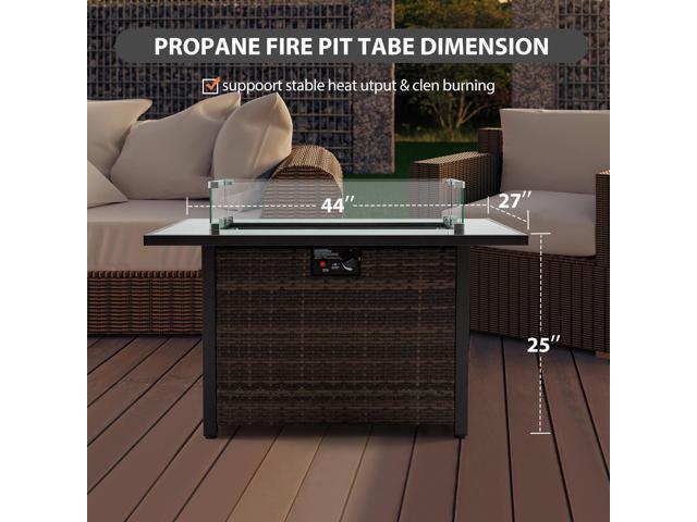 Outdoor Fire Pit 50,000 BTU Propane Gas Fire Table with Lid Fireplace with Glass Wind Guard Wicker Base for Garden, Patio, Backyard, 44'