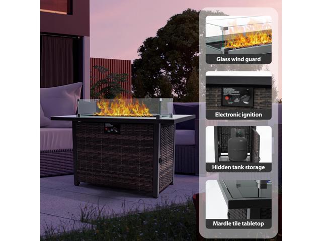Outdoor Fire Pit 50,000 BTU Propane Gas Fire Table with Lid Fireplace with Glass Wind Guard Wicker Base for Garden, Patio, Backyard, 44'