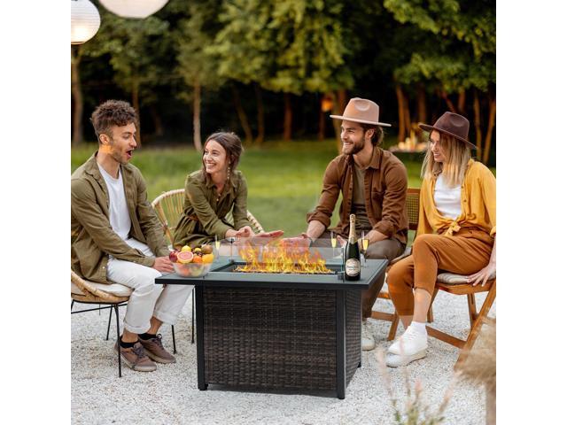 Outdoor Fire Pit 50,000 BTU Propane Gas Fire Table with Lid Fireplace with Glass Wind Guard Wicker Base for Garden, Patio, Backyard, 44'