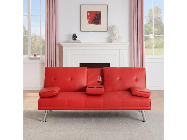 67-inch Red Leather Multifunctional Double Folding Sofa Bed with Coffee Table for Office Use