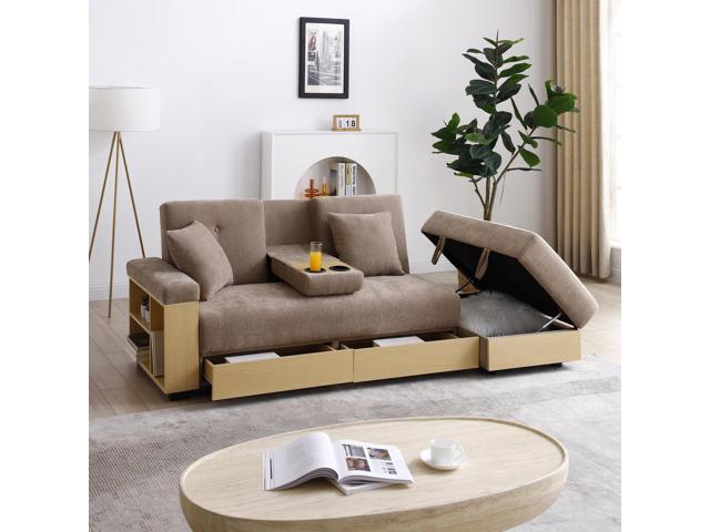 Convertible Sleeper Sofa Couch,Multifunctional Double Folding Sofa Bed,Storage Ottoman and Sofa arm with box and drawer, Drop Down Table with 2Cup...