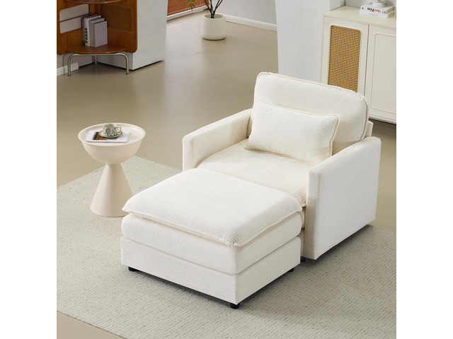 54' Plush Cloud Sofa: Modular Single + Ottoman Sofa with 22' Beige Chenille Cush