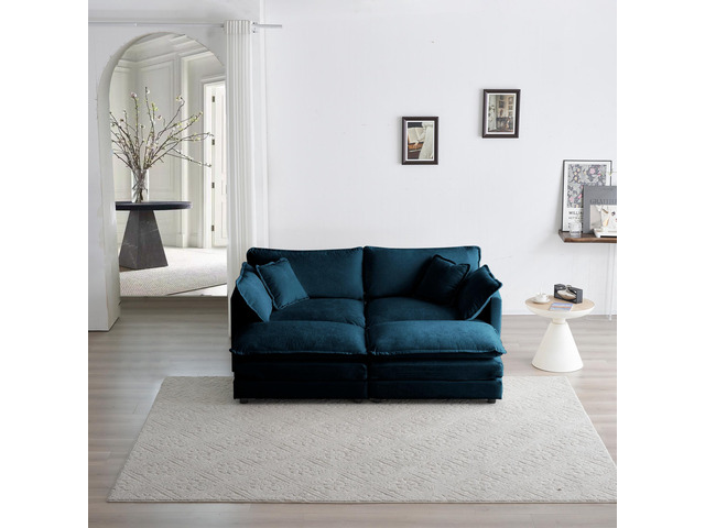 4 - Piece Upholstered Sectional Sofa, 1 - Piece of 2 Seater Sofa and 2- Piece of Ottomans, 2 Seater Loveseat Lounge with Ottomans, Blue Chenille