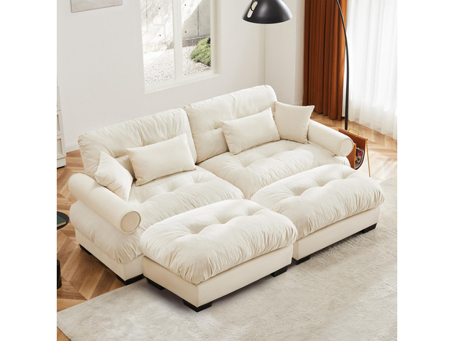 Over Size Modern Two-seater Sofa with Ottoman, Velvet 2-Seater with Round Bolster Armrests,With Waist Pillow and Throw Pillows,Reading Room, Loft...