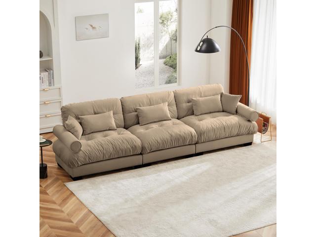 Extra Large 3 Seat Modern Velvet Sofa, Oversize Sofa, Clould Like Comfortable Seat and Back Support, With Waist Pillows and Throw Pillows, Camel