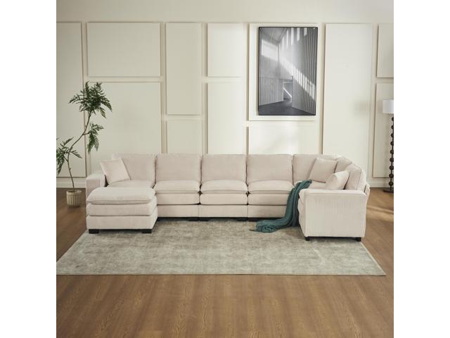 Modern U Shaped 6-seat Sectional Sofa Couch with one Ottoman and three toss pillows,Modular Sofa for Living Room,Corduroy sofa