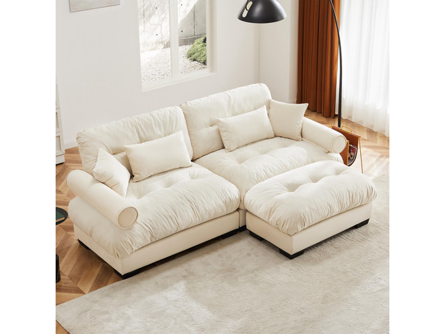 Over Size Modern Two-seater Sofa with Ottoman, Velvet 2-Seater with Round Bolste