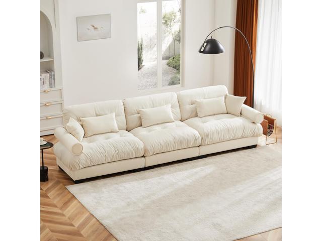 Extra Large 3 Seat Modern Velvet Sofa, Oversize Sofa, Clould Like Comfortable Seat and Back Support, With Waist Pillows and Throw Pillows, Cream