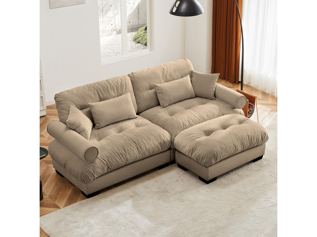 Over Size Modern Two-seater Sofa with Ottoman, Velvet 2-Seater with Round Bolster Armrests,With Waist Pillow and Throw Pillows,Small L Shape Sofa...