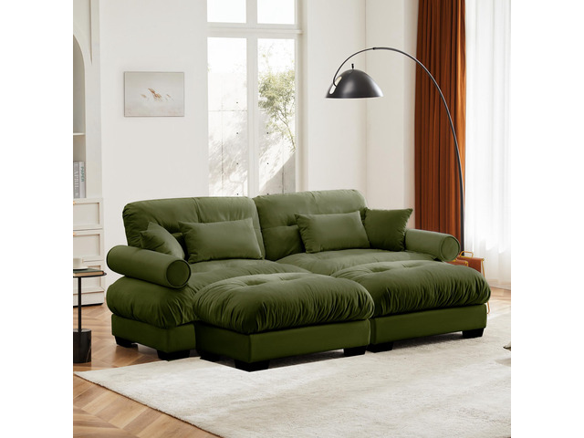 Over Size Modern Two-seater Sofa with Ottoman, Velvet 2-Seater with Round Bolste