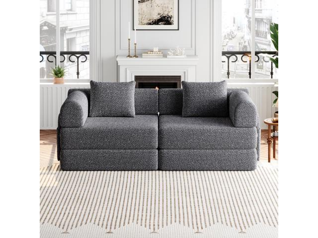 72.4-inch convertible sofa bed, chenille sofa, comes with two side storage pockets, two cushions, comfortable foldable sofa bed, suitable for use...