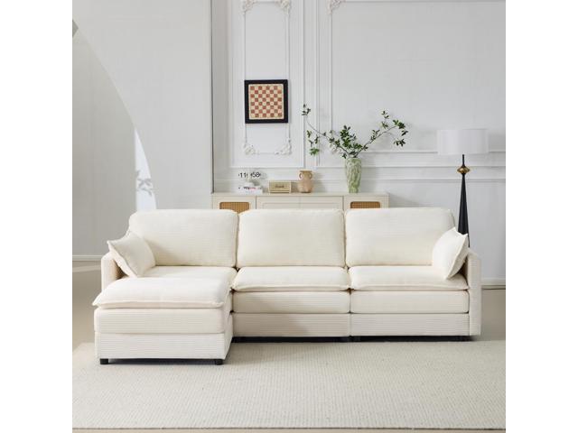 104' Plush Cloud 3 Seater Sofa: Modular 3 Seater Sofa + Ottoman with 22' Beige Chenille Cushions + 2 Throw Pillows - Compact Size for Apartment,...