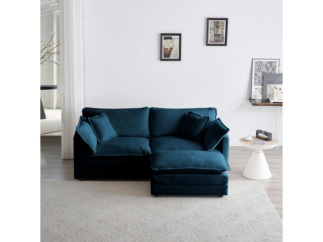 Chenille Two-Seater Sofa with 1 Footrest, 2 Seater L-Shaped Sectional with Ottom