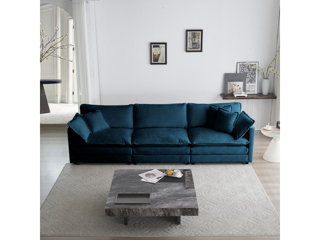 Mid-Century Modern Couch 3-Seater Sofa with 2 Armrest Pillows and 3 Toss Pillows, Couch for Living Room Blue Chenille