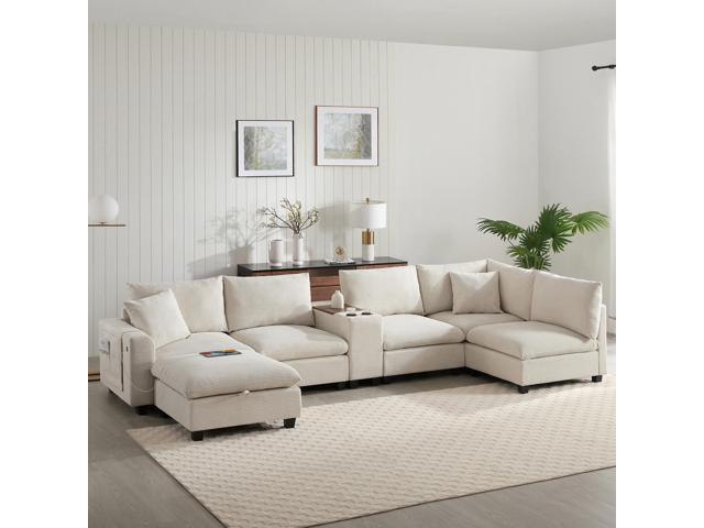 [VIDEO]140” Oversized Modular Sectional Sofa with Movable Storage Ottoman and Console,Removable Storage Pockets,Cup Holder,Wide Seat,USB Charger,6…
