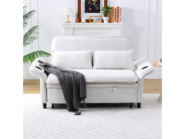 65.74-inch beige letter striped fabric multi-functional sofa bed, suitable for b