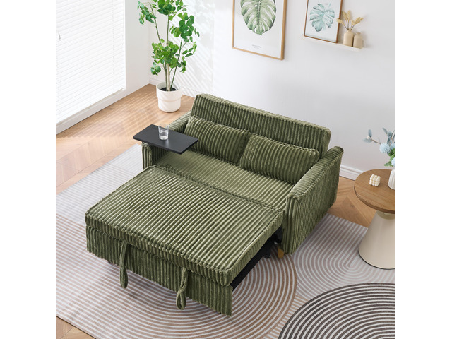 The pull-out and push-in green corduroy sofa with dual functions, equipped with a movable tabletop and USB ports, is suitable for use in living...