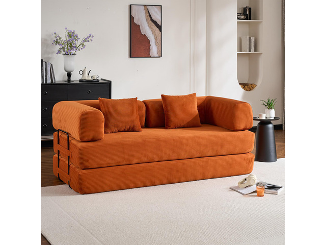 Convertible Sleeper Sofa Bed with Cylindrical Pillow, Corduroy Folding Mattress Couch with Fixed-Shape Frame, Floor Sofa Lounge Couch for Living...