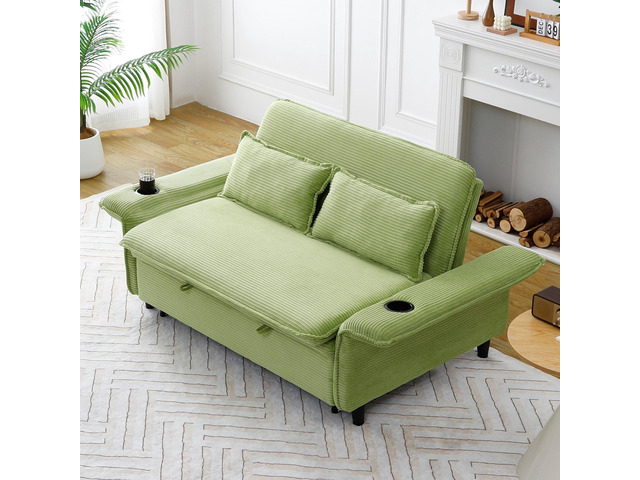 65.74-inch green multi-functional sofa bed with lettered striped fabric, suitable for bedrooms and living rooms. The armrests and backrests are...