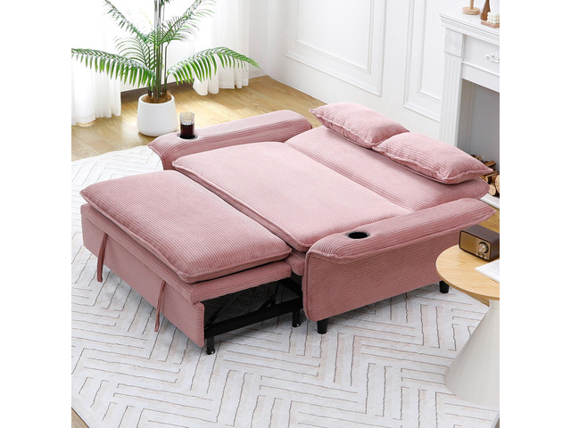 65.74-inch pink letter striped fabric multi-functional sofa bed, suitable for bedrooms and living rooms. The armrests and backrests are adjustable.