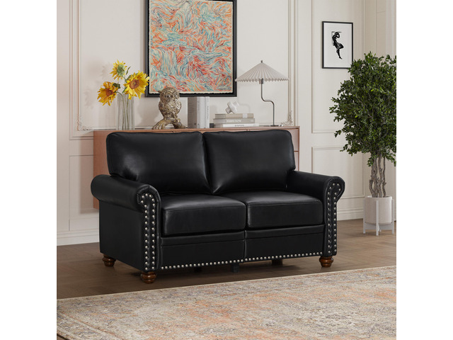 Living Room Sofa Loveseat Black Faux Leather