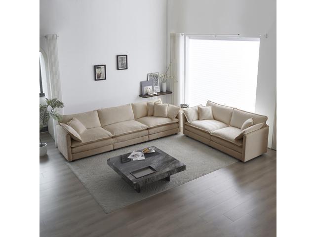 Sofa Set of 2 Chenille Couch, 2+3 Seater Sofa Set Deep Seat Sofa, Modern Sofa Set for Living Room, Beige Chenille