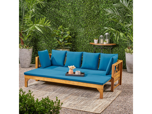 Outdoor Extendable Acacia Wood 3 Seater Sofa, Upholstered Cushion Couch, Daybed Sofa Chair, Spacious Seating Lounge Chair, Patio Daybed Sofa for...