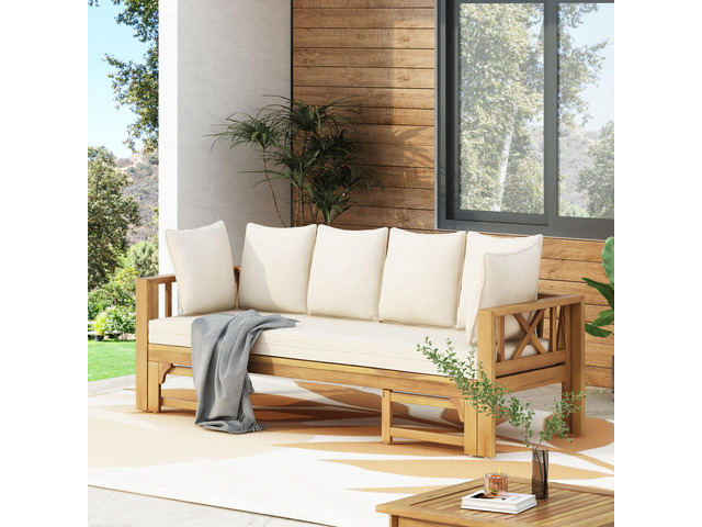 Outdoor Extendable Acacia Wood 3 Seater Sofa, Upholstered Cushion Couch, Daybed Sofa Chair, Spacious Seating Lounge Chair, Patio Daybed Sofa for...