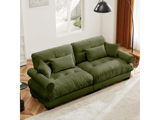 Large Size Modern Two-seater Sofa with Bolstered Armrests,Velvet 2-Seater Sofa With Waist Pillows and Throw Pillows, Suitable for Living Room,...
