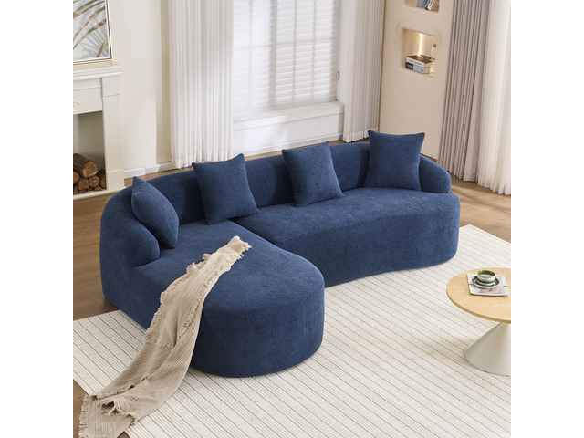 Compression Sponge L-Shape Sectional Sofa with Curved Chaise, Blue Modular Chenille Couch No Assembly Required, 30D High-Density for Living Room...