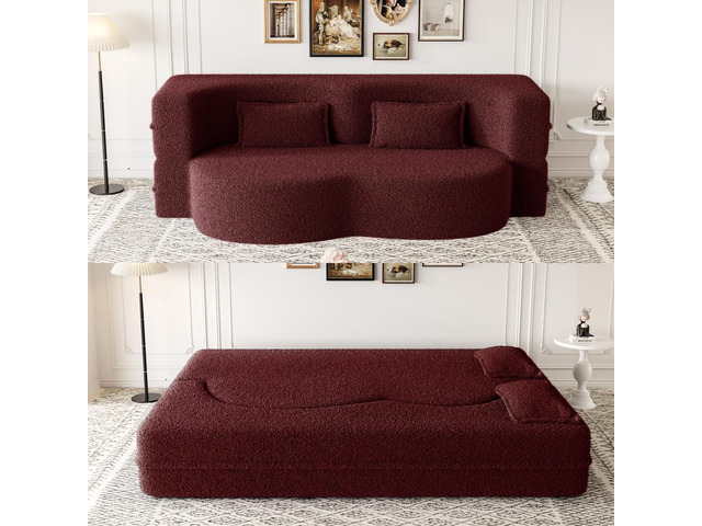 Modern Floor Sofa with 2 Pillows,Convertible Teddy Fabric Foam-Filled Sleeper So