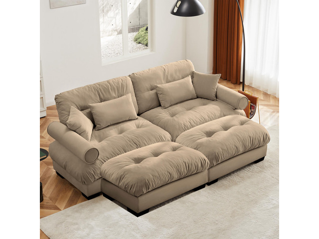 Over Size Modern Two-seater Sofa with Ottoman, Velvet 2-Seater with Round Bolster Armrests,With Waist Pillow and Throw Pillows, Reading Room, Loft...