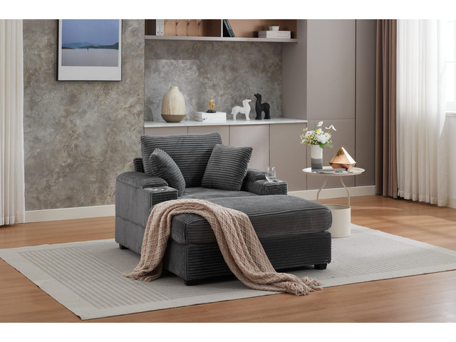 [VIDEO/New]Corduroy Upholstered Chaise Lounge Sofa with Handrail storage,Movable ottoman,Cupholders,Detachable Cushions Deep Seat for Living Room...