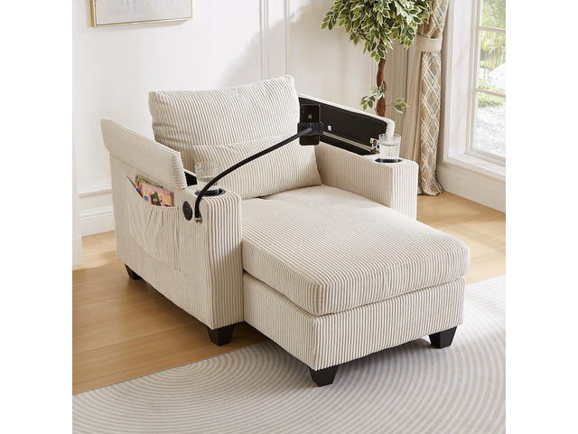 Convertible Chaise Lounge 37.4' Sofa Chair Sofa Bed Corduroy Sleeper Sofa with USB Ports, Two Cup Holders, Phone Holder and Ample Storage Space...