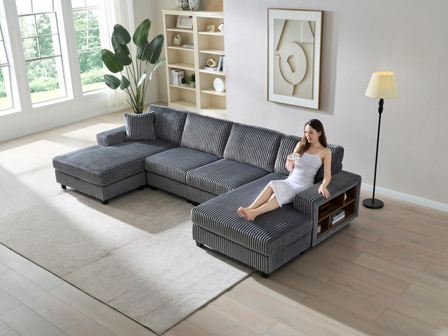 Convertible U-shaped Combination Sofa, Corduroy Fabric, Modern Comfortable Large