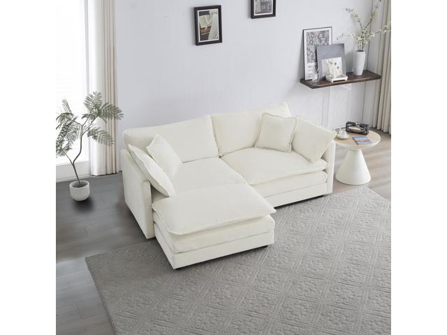 Chenille Two-Seater Sofa with 1 Footrest, 2 Seater L-Shaped Sectional with Ottoman,Loveseat with Ottoman for Small Living Space,White Chenille