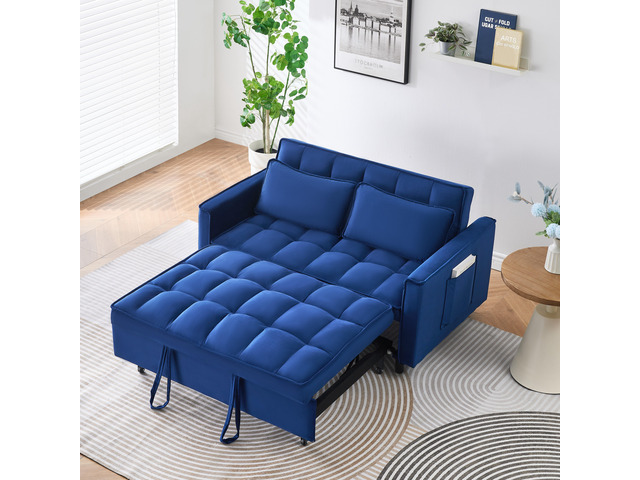The 55-inch dreamlike blue velvet sofa is elegant and convenient with pockets, c