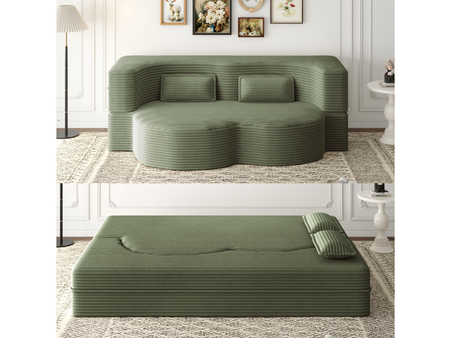 Modern Floor Sofa with 2 Pillows,Convertible Plush Corduroy Foam-Filled Sleeper
